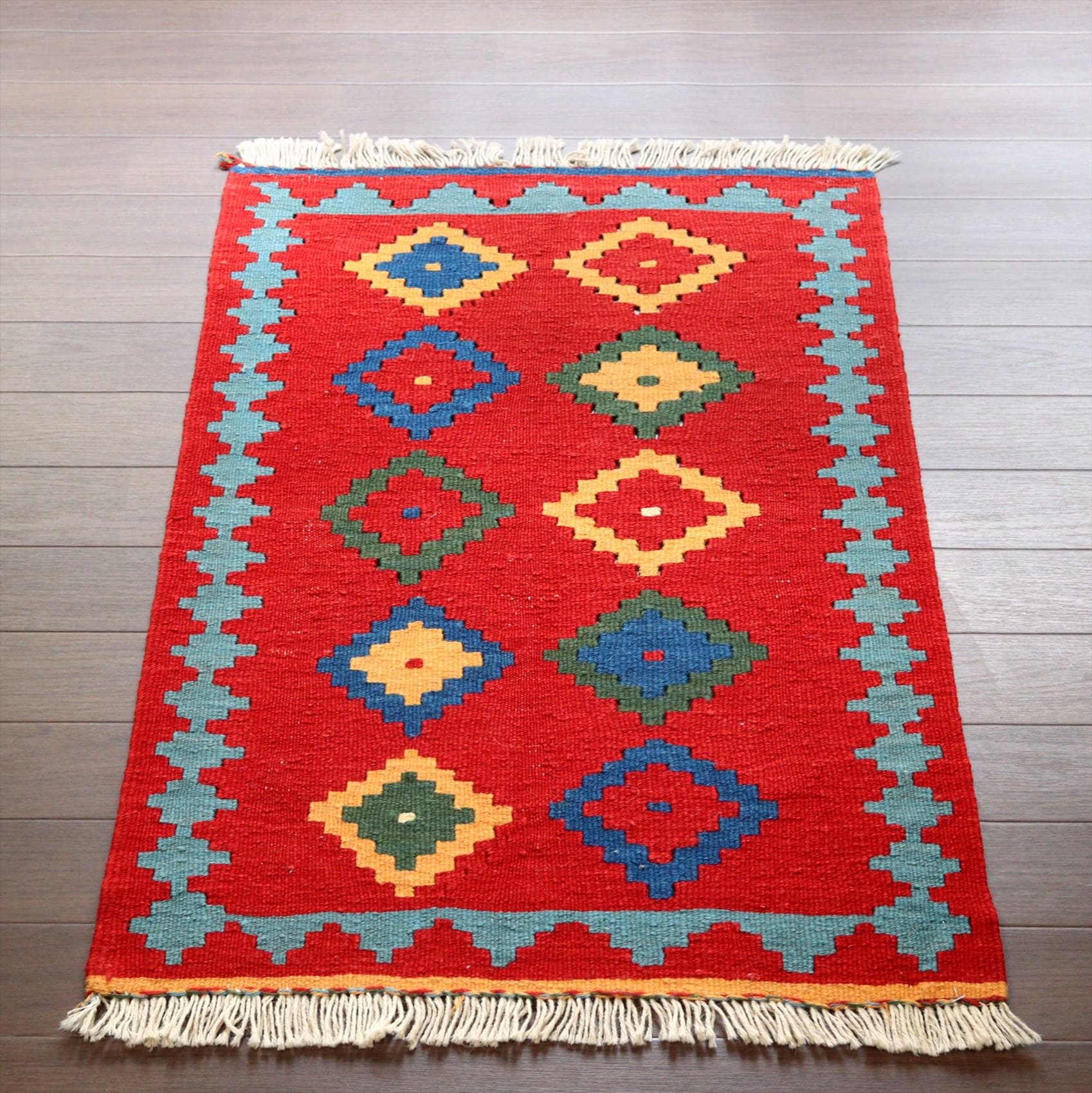 イラン手織りキリム カシュカイキリム93×61cm 玄関マットサイズ　レッド/ブルー