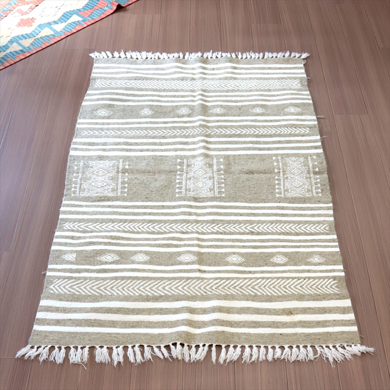 チュジニア・手織りキリム　アクセントラグ143×100cm グレー×ナチュラル