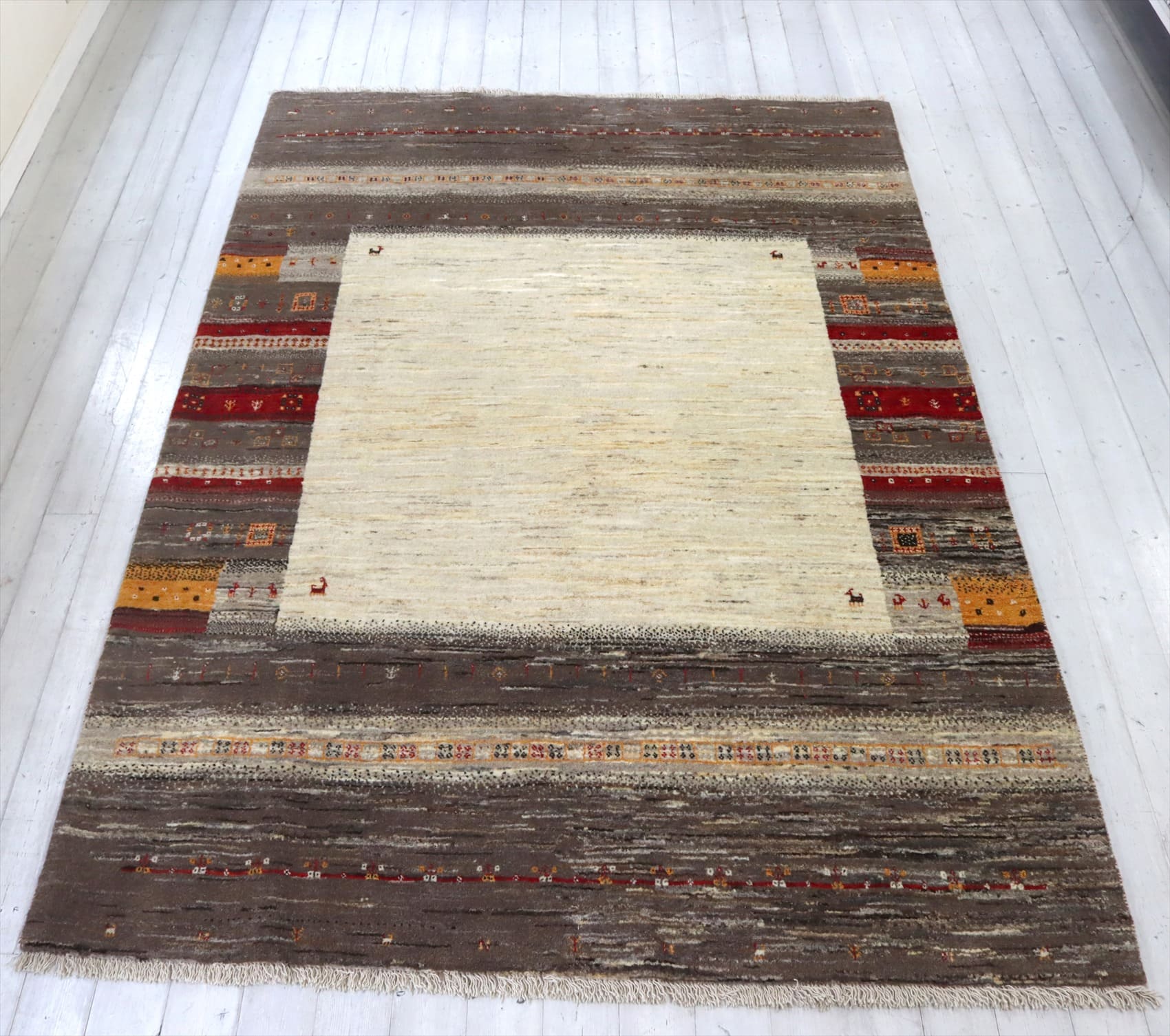 ギャッベ リズバフト 細かな織り246×172cm ナチュラルアイボリー&ブラウン