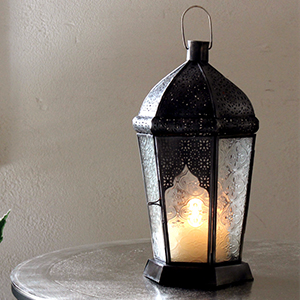モロッコランタン・キャンドルホルダー　高さ28.5cm　Morocco Lantern Candle holder６面のレリーフガラス