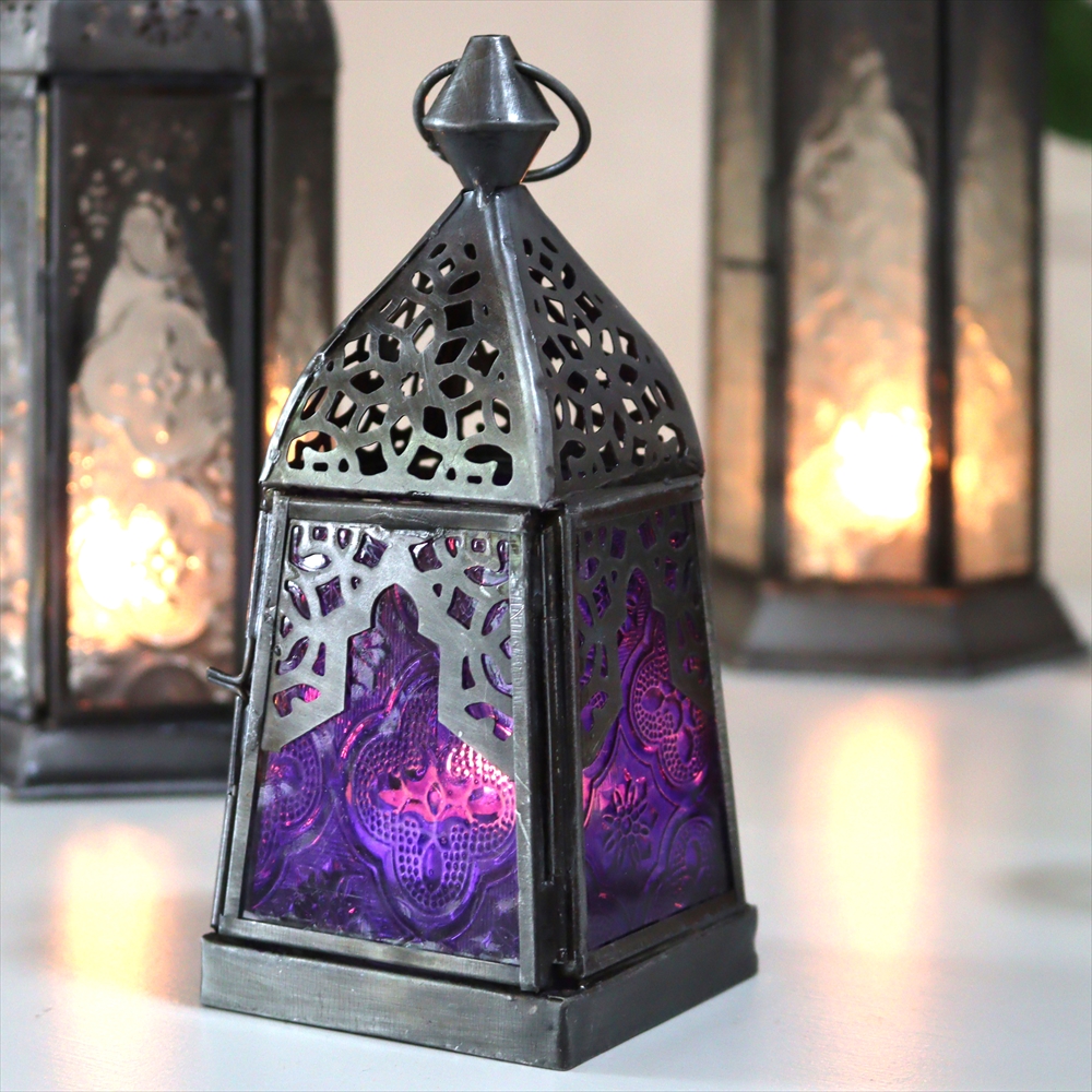 モロッコランタン・キャンドルホルダー　高さ16cm　バイオレット4面のレリーフガラス　Morocco Lantern Candle holder