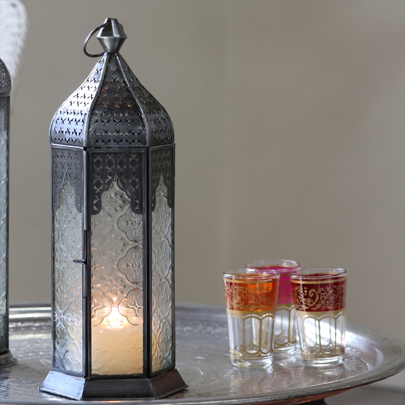 モロッコランタン・キャンドルホルダー　高さ33.5cm　オリエンタルランプ6面のレリーフガラス　Morocco Lantern Candle holder