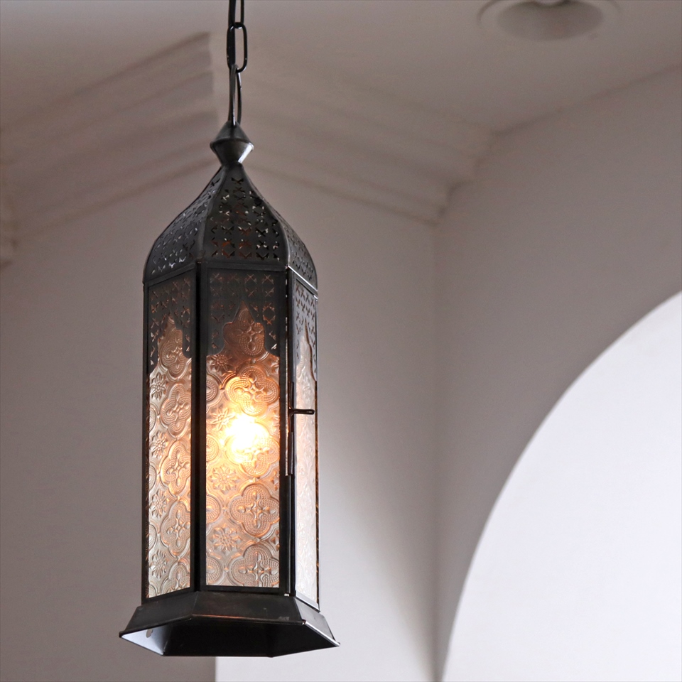 ガラスペンダントランプ モロッコランタン 全長73cm 6面のレリーフガラス E17/25W  Morocco Lantern Candle holder