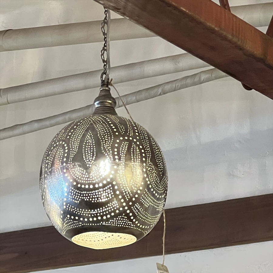 モロッコランプ/Moroccan Metal shade Lamps メタルシェード・ペンダントランプ エジプト製/Football直径23ｃｍ シルバー色/ロータス E17 25W 白熱球付き
