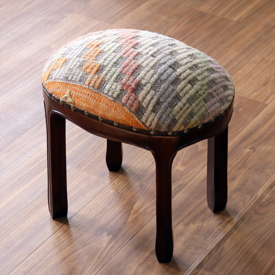 トルコ木製スツール H41×W40×D30cm オーバル バルケスィール オールドキリム木製家具・スツール・オットマン old kilim stool ottman wood furniture