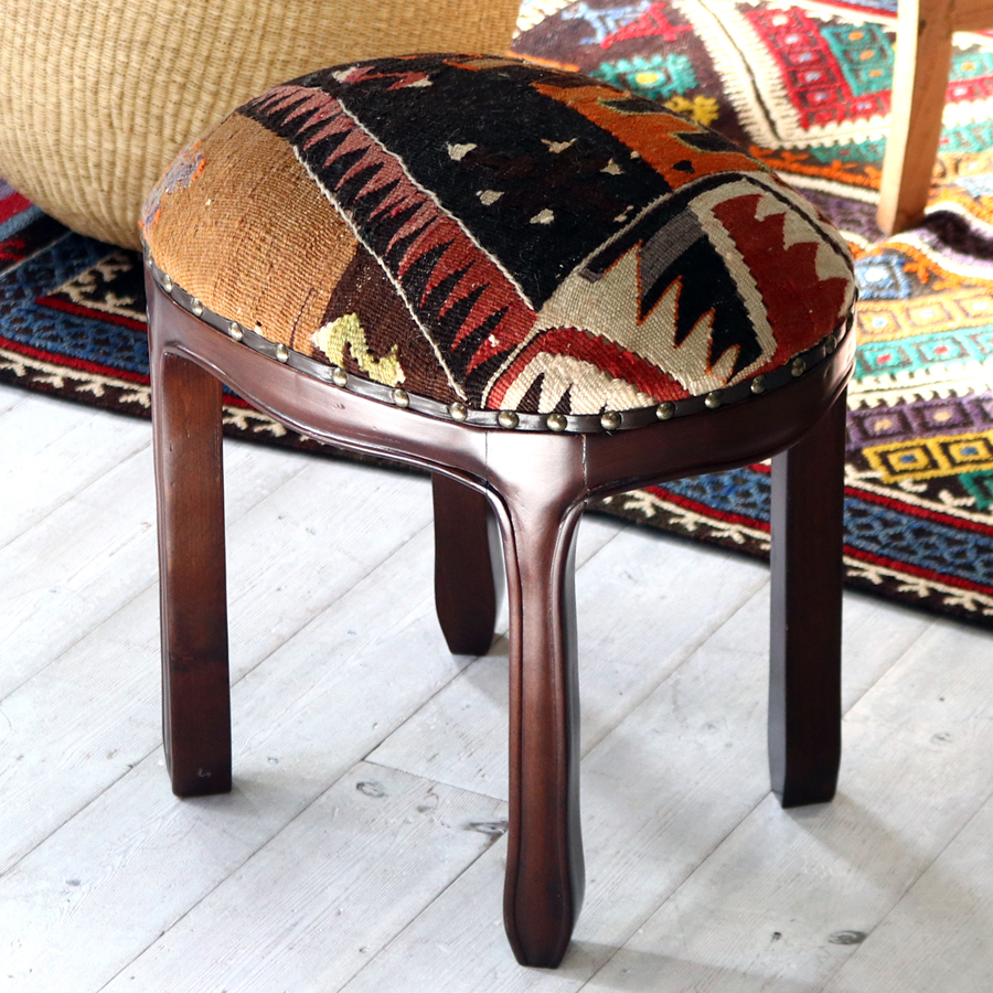木製スツールオーバル H41×W40×D30cm シワス オールドキリム木製家具 トルコ製オットマン old kilim stool ottman wood furniture