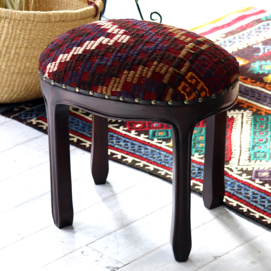 木製スツールオーバル H41×W40×D30cm オールドキリム木製家具 トルコ製オットマン old kilim stool ottman wood furniture