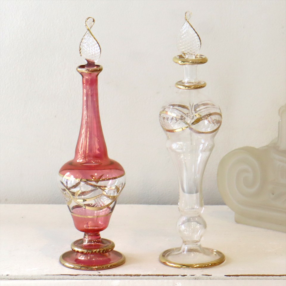 香水瓶　エジプトガラス　2本セット　Egyptian Perfume Bottle　ピンク、クリア