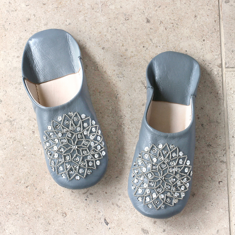 Morocco Babouche バブーシュ・ビーズ/グレー&シルバー/24cm Moroccan Slippers/バブーシュ・レザー・スリッパ/革のスリッパ/羊革/モロッコ製