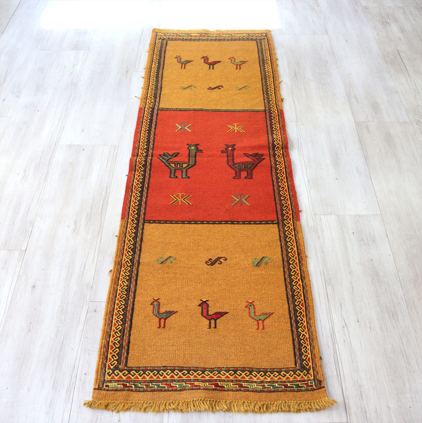 東イランの手織りキリム　グチャン188×58cm 鳥のモチーフ　レッド/キャメルブラウン