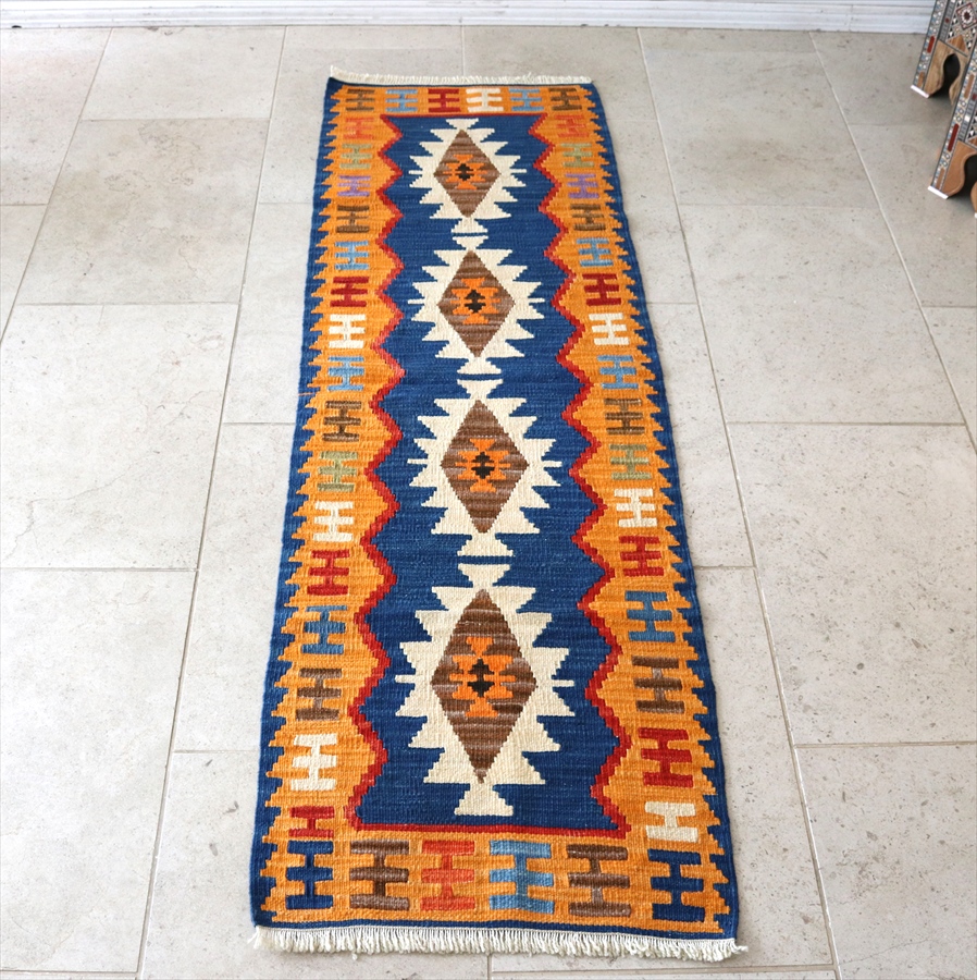 トルコ カイセリ産　手織りキリムラグ ウール100% 189×59cm  細長ランナー　/ブルー/オレンジ