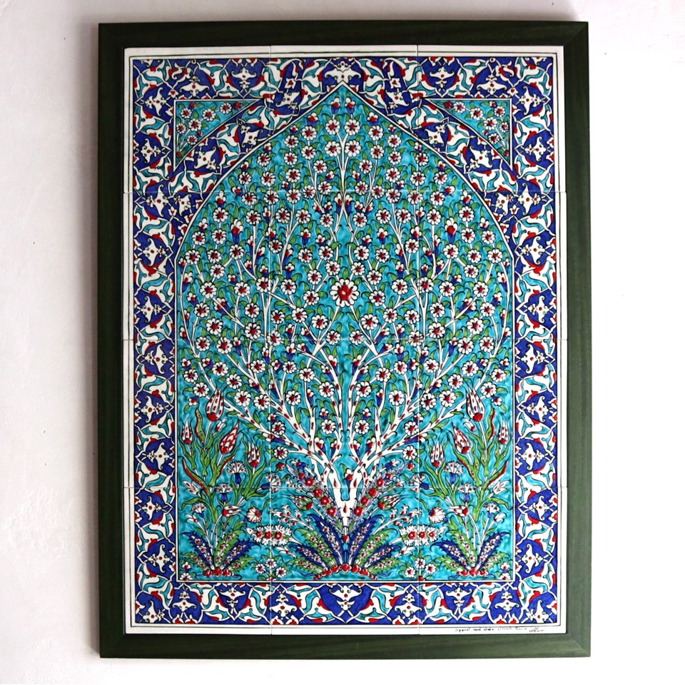 トルコ陶器 手書き12枚タイル H87.5×W67.5×D1.5cm プラムツリーとチューリップ ブルーグリーン/レッドフラワー Turkish Hand Paint Tiles