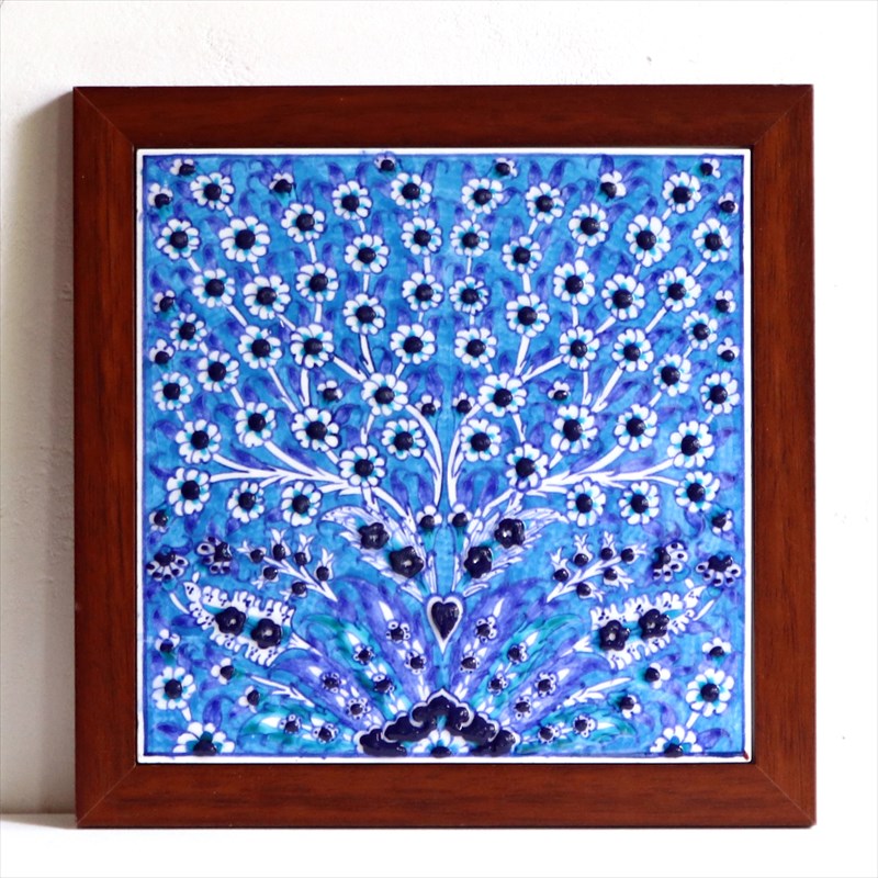 トルコ手書き陶器 1枚タイル額 H24×W24×D1.5cm プラムツリー ブルー Turkish Hand Paint Tile