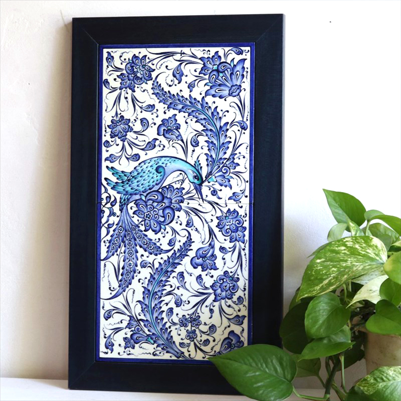 トルコタイル 手書き陶器2枚額 H47×W27×D1.5cm 青い花と鳥 Turkish Hand Paint Tiles